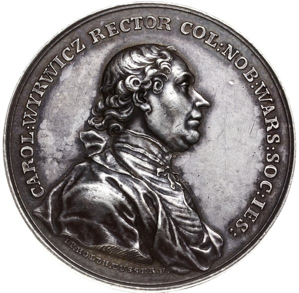 medal z 1772 r. autorstwa J. F. Holzhaeussera, poświęcony Karolowi Wyrwiczowi - rektorowi kolegium  jezuickiego w Warszawie