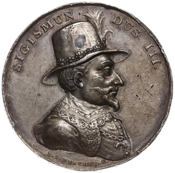 medal z końca XVIII w. (lata 1780-1792) z tzw. serii królewskiej, autorstwa J. J. Reichela, poświęcony królowi  Zygmuntowi III Wazie