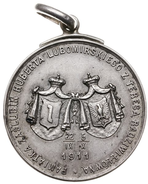 medal z 1911 r. nieznanego autorstwa, wybity na pamiątkę ślubu Huberta Lubomirskiego  z Teresą Radziwiłłówną