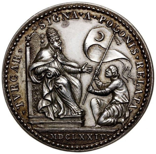 medal z 1674 r. (autorstwa Girolamo Lucentiego), wybity z okazji zwycięstwa Sobieskiego pod Chocimiem  w 1673 r. i przekazanie sztandarów tureckich papieżowi