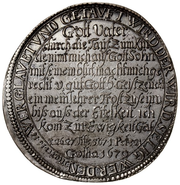 talar chrzcielny /tauftaler/ 1670, Gotha, moneta upamiętniająca chrzest wnuczki księżnej Anny Zofii w 1670 r.