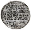 trojak 1584, Olkusz; głowa króla dzieli napis u góry, brak liter przy Orle i Pogoni, na rewersie p..
