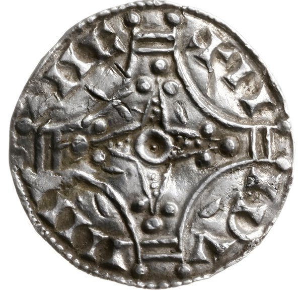 denar, mennica Roskilde; Aw: Cztery łuki tworząc