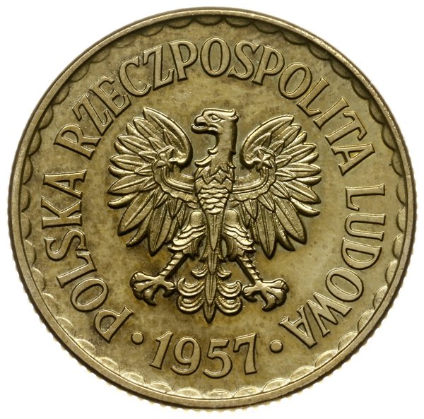 1 złoty 1957, Warszawa; nominał 1, wklęsły napis