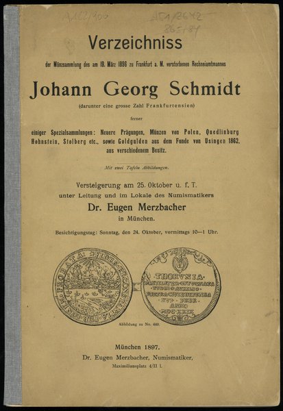 Eugen Merzbacher, Verzeichniss der Münzsammlung Johann Georg Schmidt einiger Specialsammlungen:  Neuere Prägungen, Münzen von Polen etc.
