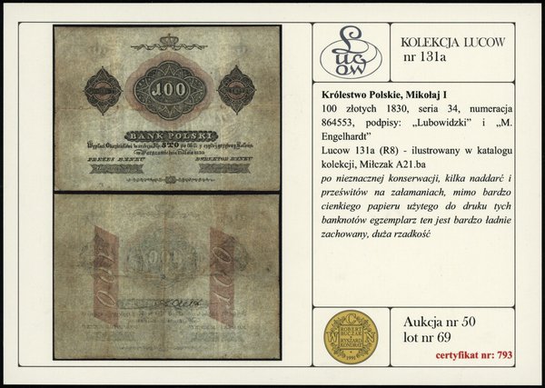 100 złotych 1830, litera C, seria 34, numeracja 
