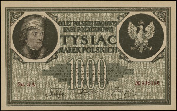1.000 marek polskich 17.05.1919, seria AA, numeracja 498156, znak wodny “plaster miodu”