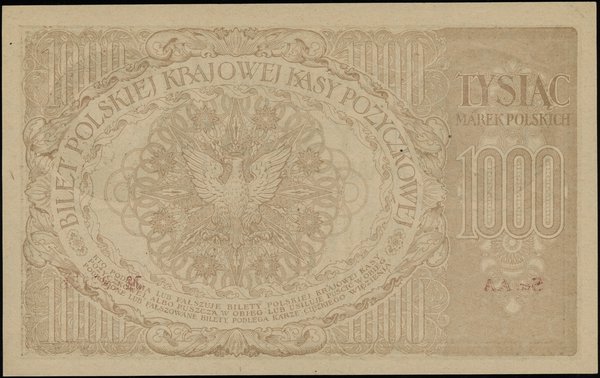 1.000 marek polskich 17.05.1919, seria AA, numeracja 498156, znak wodny “plaster miodu”