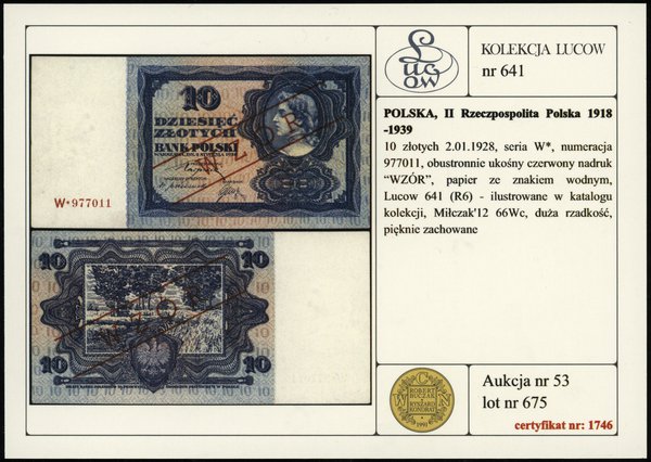 10 złotych 2.01.1928, seria W*, numeracja 977011, obustronnie czerwony ukośny nadruk WZÓR, papier  ze znakiem wodnym