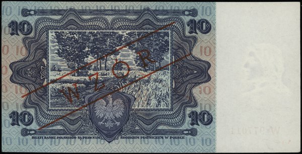 10 złotych 2.01.1928, seria W*, numeracja 977011, obustronnie czerwony ukośny nadruk WZÓR, papier  ze znakiem wodnym