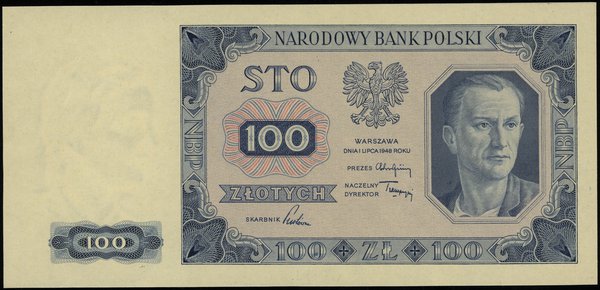 próbny druk kolorystyczny banknotu 100 złotych 1.07.1948, bez oznaczenia serii i numeracji, dwustronny  druk w kolorze granatowo-różowym oraz fioletowo-zielonym na papierze ze znakiem wodnym