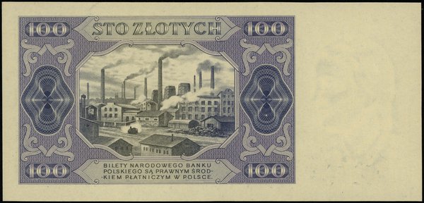 próbny druk kolorystyczny banknotu 100 złotych 1.07.1948, bez oznaczenia serii i numeracji, dwustronny  druk w kolorze granatowo-różowym oraz fioletowo-zielonym na papierze ze znakiem wodnym