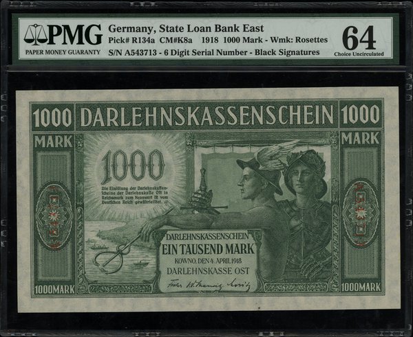 1.000 marek 4.04.1918, Kowno, seria A, numeracja 542713, czarne podpisy pod nazwą emitenta