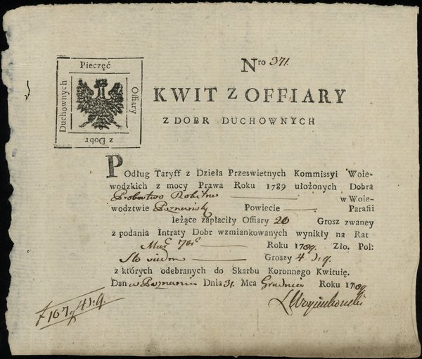 kwit ofiary z dóbr duchownych (dwudziestego grosza) za rok 1789, wystawiony dla probostwa w Rokitnie  w województwie poznańskim, opiewający na 107 złotych i 4 grosze