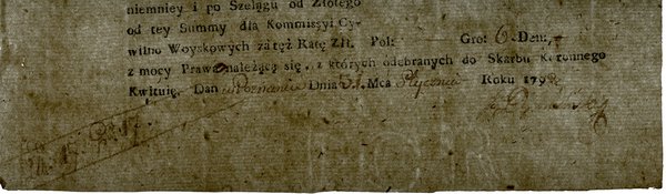 kwit ofiary z dóbr duchownych (dwudziestego grosza) za rok 1792, wystawiony dla dóbr Młyn w Rokitnie  w województwie poznańskim, opiewający na 17 złotych, 10 groszy i 9 denarów