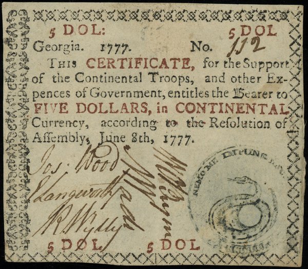 Georgia, 5 dolarów 8.06.1777, for the Support of