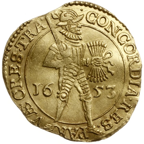 dwudukat 1653, Aw: W obwódce perełkowej rycerz stojący w prawo, w prawej dłoni trzyma miecz,  w lewej pęk strzał, CONCORDIA RES PAR VÆ CRES TRA