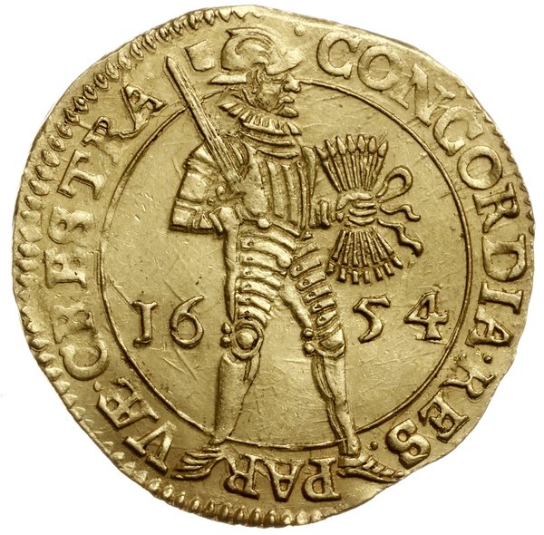 dwudukat 1654, Aw: W obwódce perełkowej rycerz stojący w prawo, w prawej dłoni trzyma miecz, w lewej  pęk strzał, CONCORDIA RES PAR VÆ CRES TRA