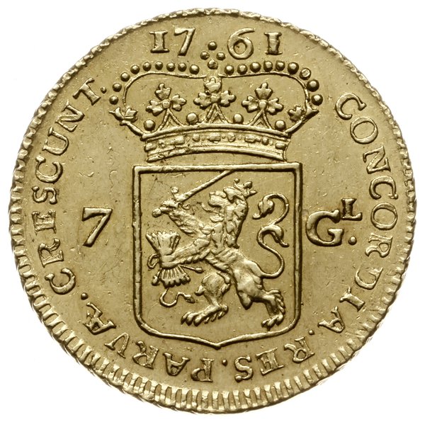 7 guldenów 1761, Aw: Rycerz galopujący w prawo, z mieczem w prawej dłoni, poniżej ukoronowany  herb Overijssel, MO AUR PRO CONFŒD - BELG TRANSISAL