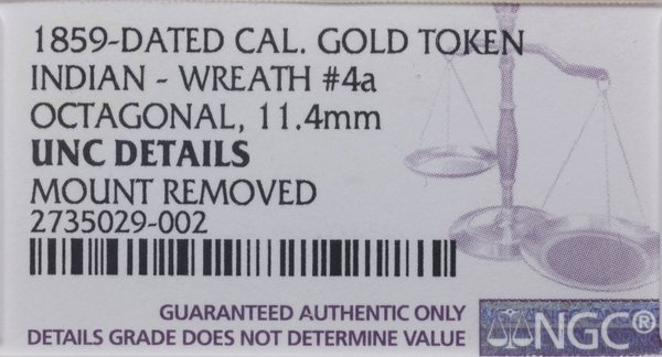 żeton ośmioboczny 1859, California Gold; Aw: Gło