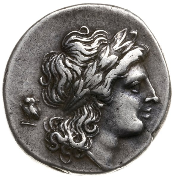 didrachma, 265-240 pne; Aw: Głowa Apollina z dłu
