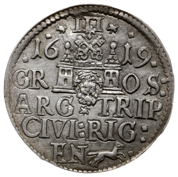trojak 1619, Ryga; mała głowa króla, gwiazdki i 