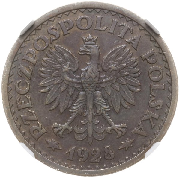1 złoty 1928, Warszawa; nominał w wieńcu liścias