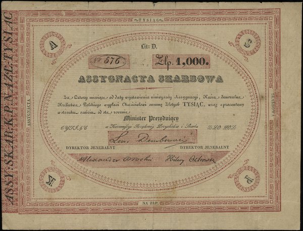 assygnacja skarbowa na 1.000 złotych polskich 1831 r, z podpisem ministra Leona Dembowskiego  i dwóch dyrektorów, Lucow 198 (R6), Moczydłowski PL4