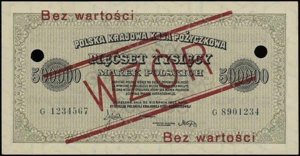 500.000 marek polskich 30.08.1923, seria G 1234567 / G 8901234, obustronnie czerwony nadruk  Bez wartości / WZÓR / Bez wartości, dwukrotnie perforowane