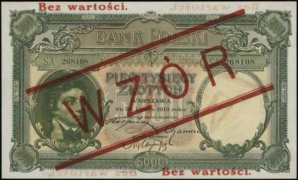 5.000 złotych 28.02.1919, seria A, numeracja 268108, czerwony nadruk Bez wartości / WZÓR /  Bez wartości