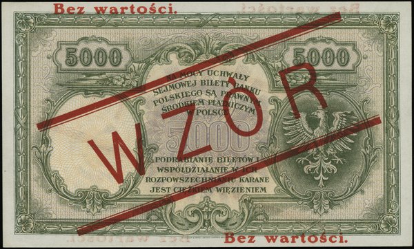5.000 złotych 28.02.1919, seria A, numeracja 268108, czerwony nadruk Bez wartości / WZÓR /  Bez wartości