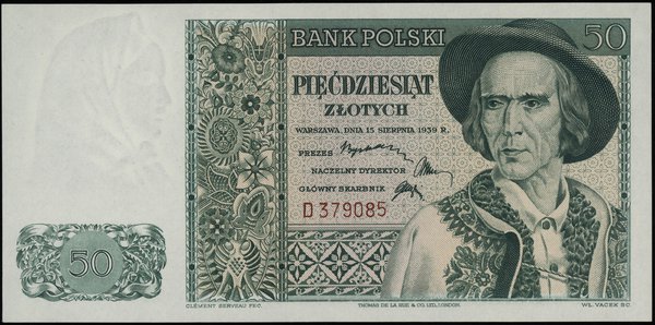50 złotych 15.08.1939, seria D, numeracja 379085