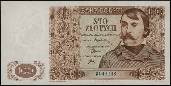 100 złotych 15.08.1939, seria K, numeracja 043048