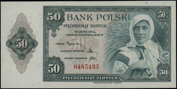 50 złotych 20.08.1939; seria H, numeracja 485493