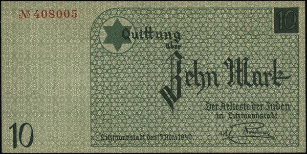 10 marek 15.05.1940, papier bez znaku wodnego, druk zielony, numeracja 408005