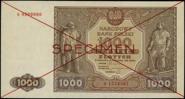 1.000 złotych 15.01.1946, seria B 1234567 / B 8900000, czerwone dwukrotne przekreślenie i poziomo  SPECIMEN