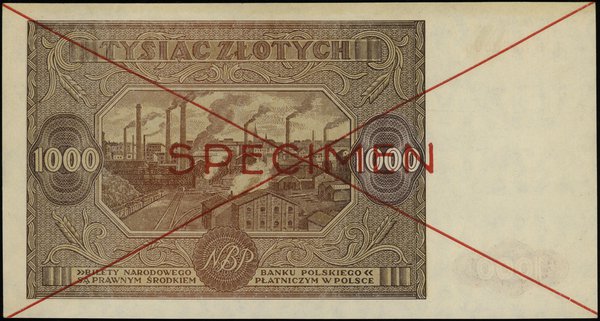1.000 złotych 15.01.1946, seria B 1234567 / B 8900000, czerwone dwukrotne przekreślenie i poziomo  SPECIMEN