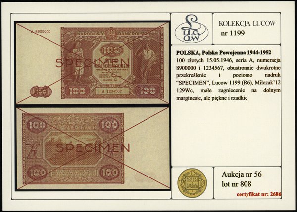 100 złotych 15.05.1946, seria A 1234567 / A 8900000, czerwone dwukrotne przekreślenie i poziomo  SPECIMEN