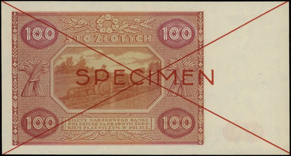 100 złotych 15.05.1946, seria A 1234567 / A 8900000, czerwone dwukrotne przekreślenie i poziomo  SPECIMEN