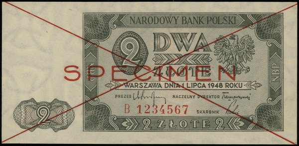 2 złote 1.07.1948, seria B 1234567, czerwone dwukrotne przekreślenie i poziomo SPECIMEN