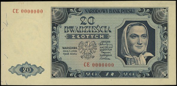 20 złotych 1.06.1948, seria CE, numeracja 0000000