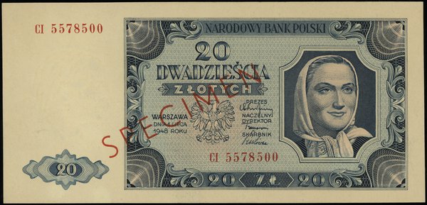 20 złotych 1.07.1948, seria CI 5578500, czerwony ukośny nadruk SPECIMEN po obu stronach