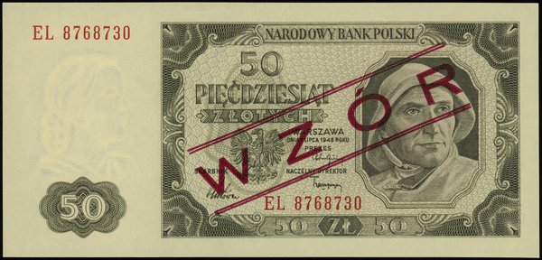50 złotych 1.07.1948, seria EL 8768730, czerwony ukośny nadruk WZÓR tylko na str. głównej