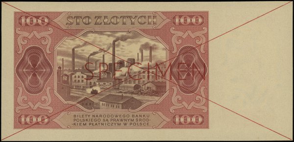 100 złotych 1.07.1948, seria AG 1234567 / AG 8900000, czerwone dwukrotne przekreślenie i poziomo  SPECIMEN