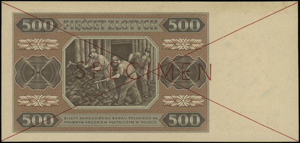 500 złotych 1.07.1948, seria AA 1897246, czerwone dwukrotne przekreślenie i poziomo SPECIMEN