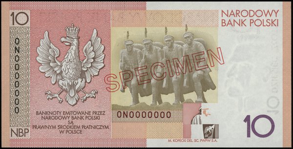 10 złotych 4.06.2008 - Józef Piłsudski - 90. rocznica odzyskania przez Polskę niepodległości, seria  ON 0000000, czerwone ukośne “WZÓR” / “SPECIMEN”, dodatkowa numeracja wzoru 0666
