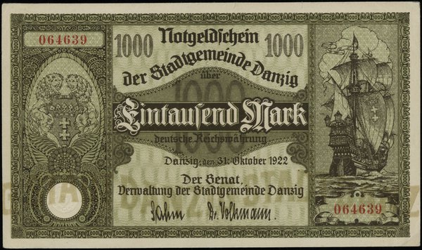 1.000 marek 31.10.1922; numeracja 064639; Miłcza