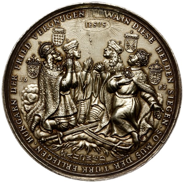 medal wybity dla upamiętnienia przymierza i oswobodzenia Wiednia z oblężenia tureckiego, 1683, autorstwa  Hansa Jacoba Worlaba (medaliera z Ratyzbony)