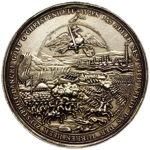 medal wybity dla upamiętnienia przymierza i oswobodzenia Wiednia z oblężenia tureckiego, 1683, autorstwa  Hansa Jacoba Worlaba (medaliera z Ratyzbony)