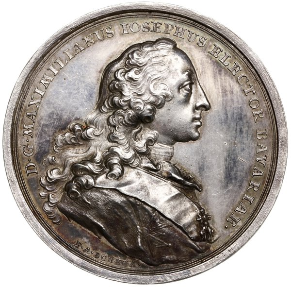 medal upamiętniający zaślubiny Maksymiliana Józefa elektora bawarskiego i Marii Anny córki Augusta III,  bez daty (1763), autorstwa Franza Andreasa Schega
